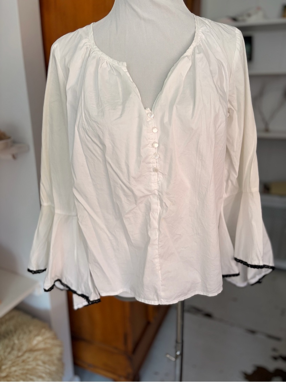 Nanette Lepore White Button-Front Peasant Blouse with Black Trim